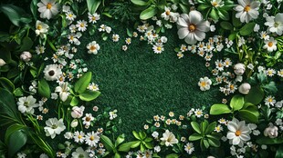 花卉环绕的绿意背景