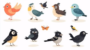 可爱卡通小鸟与蝴蝶集合