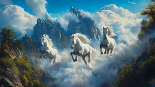 三匹白马腾云越山巅