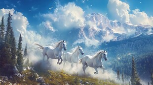 白马奔腾于山川云海间