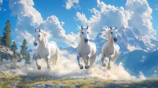 三匹白马在山间奔腾