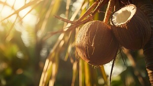 阳光下的成熟椰子挂枝头