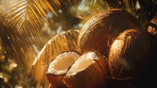 阳光下的新鲜椰子及椰肉