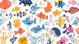 海底鱼群与植物缤纷图案