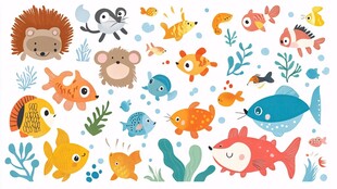 可爱海洋与陆地动物插画