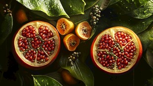 切开的石榴与周围果实绿叶