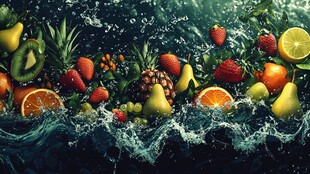 水果在水中飞溅的美妙瞬间