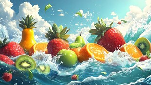 水果在海浪中欢快飞溅