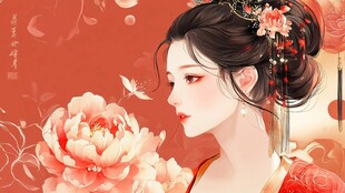 古风佳人伴繁花赏蝶景