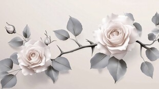 优雅白玫瑰与枝叶插画