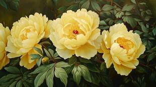 娇艳黄牡丹绽放绿叶间