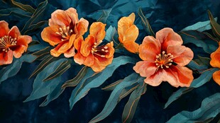 橙色花卉绿叶图案背景