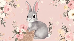 粉色花丛中的可爱小灰兔