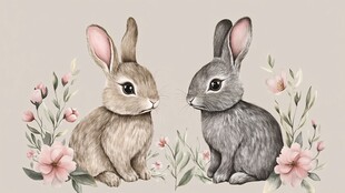 两只萌兔与繁花相伴