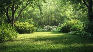 静谧森林中的阳光绿草地