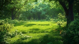 阳光洒落的静谧森林草地