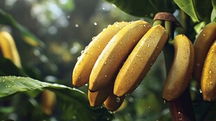 枝头带水珠的金黄香蕉