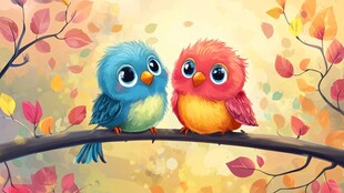 两只萌鸟栖于缤纷树枝间