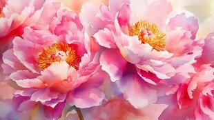 梦幻粉色牡丹花水彩画