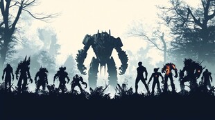 机械巨兽前的英雄们身影