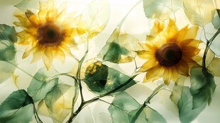 梦幻向日葵与绿叶艺术画