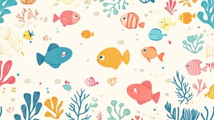 海底萌鱼与多彩海草图案