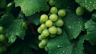 晶莹绿葡萄挂于翠绿枝叶间