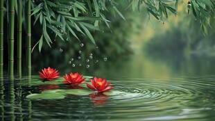 水中红睡莲与翠竹相映成趣