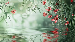 竹影红花映碧波