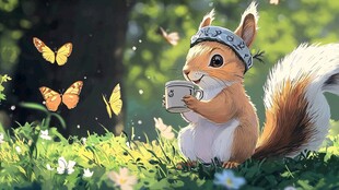 松鼠惬意品茶赏蝶的时光