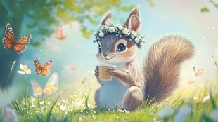 花饰松鼠惬意享饮下午茶