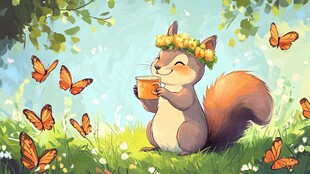 松鼠赏蝶惬意享茶时光