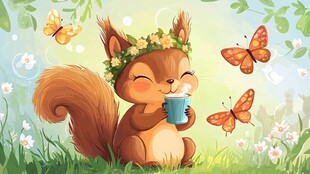 松鼠春日享饮 蝶舞相伴