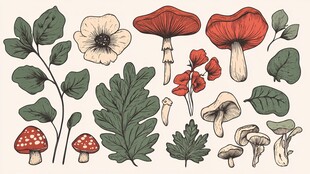 手绘植物与蘑菇插画集合