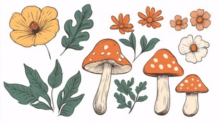 手绘花卉蘑菇植物元素
