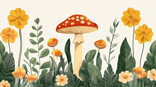 蘑菇花丛中的梦幻自然景