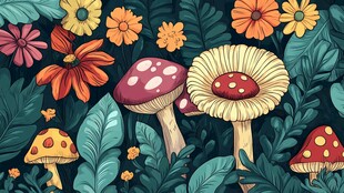 梦幻蘑菇花卉森林插画