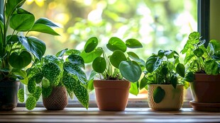 窗台上的多彩盆栽植物