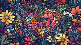 心型花卉图案的梦幻插画