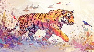 梦幻彩虎漫步花草间