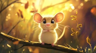 阳光下树枝上的可爱小老鼠