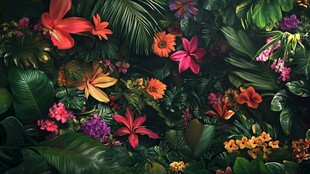 缤纷热带花卉与绿叶图景