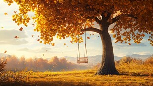 秋日树下秋千的静谧时光