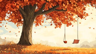 秋日大树下的静谧秋千