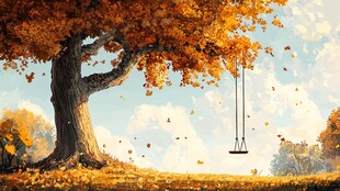 秋日树下秋千的静谧时光