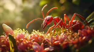 红蚁在繁花间忙碌探索