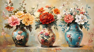 三花瓶盛绚烂花卉油画