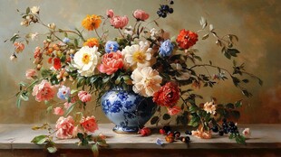 青花瓷瓶中的缤纷花卉