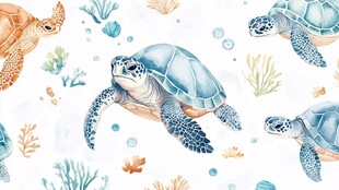 水彩海龟与海洋植物图案