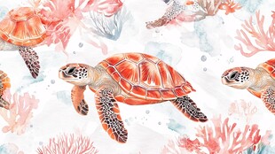 水彩海龟与珊瑚海洋图景